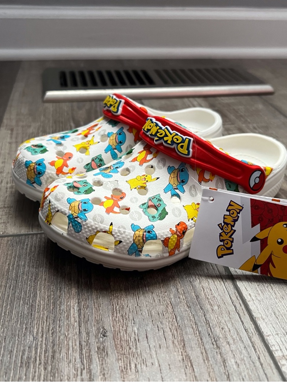 Pokemon White Kids' Clog Sandals with Multicolor Character Print and Red Strap